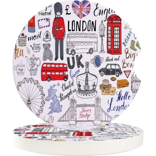 Cartoon London Cultural Graffiti Small Round Ceramic Car Coasters Set For Drinks Coffee Tea Beverage Cup Holder