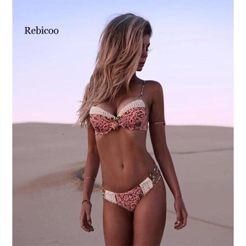New Arrival 3D Floral String Bandage Super Push Up Bikini Set Sexy Swimwear Solid Bathing Suit Women Beachwear