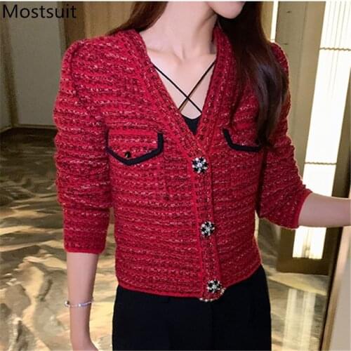 V-neck Single-breasted Women Cardigan Sweater Full Sleeve Knitted Short Tops Korean Elegant Fashion Ladies Jumpers Tops 2021