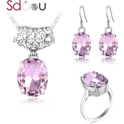 SDOOU Women Jewelry Sets Real Silver 925 Rings Earrings Pendants Pink Crystal Cute Romantic Wedding Jewellery Bridal Jewelry Set