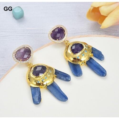 GuaiGuai Jewelry Natural Blue Kyanite Purple Amethyst Dangle Stud Earrings