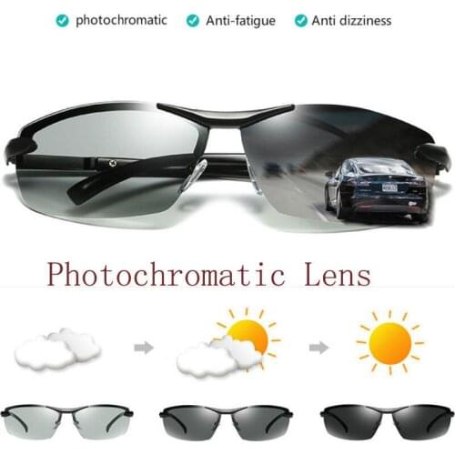 Mens Rimless Photochromic Polarized Sunglasses Driving Fishing Transition Lens Discoloration Eyewears Anti Glare UV400 Goggles