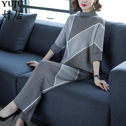 Spring Fashion Casual Bat Sleeve Knit Pullover Top Wide Leg Pants Suit Goddess Foreign Gas New Stitching Loose Thin Two-piece