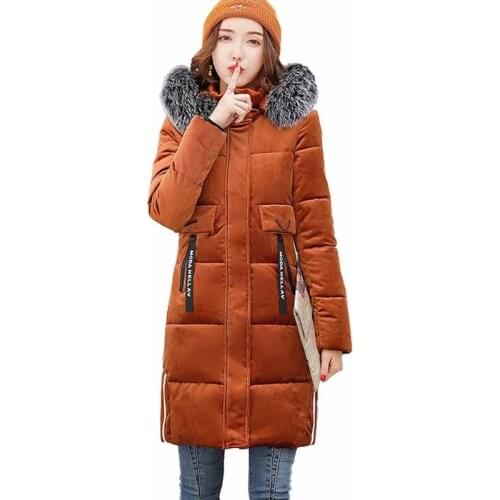 2019 Plus size L-6XL Winter Gold velvet Cotton Jackets Women 2019 Hooded Parkas Thicken Fur collar Cotton-padded Jackets G370
