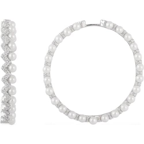 SLJELY Fashion Real 925 Sterling Silver Extra Large Zigzag Wave Pearls Hoop Earrings Micro Zirconia Women Fine Party Jewelry