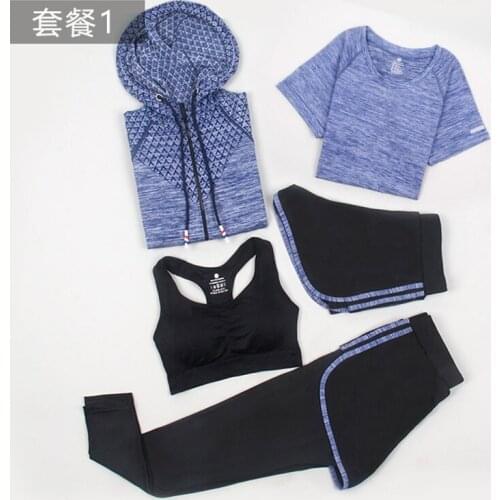 New women 5 piece yoga sets push up bra+t shirt+coat+shorts+pants quick dry sports wear for women gym clothing workout clothes