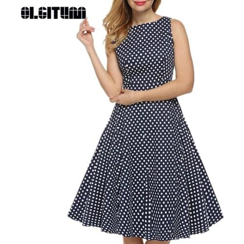 New Womens Dot Dresses Cotton Sleeveless Dress Elegant Design 2020 Knee-Length Retro Ladies Dresses DR625
