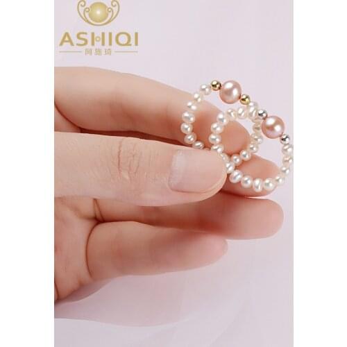 ASHIQI Natural Freshwater Pearls Ring Women with Two Sterling silver Beads Jewelry wedding Gift