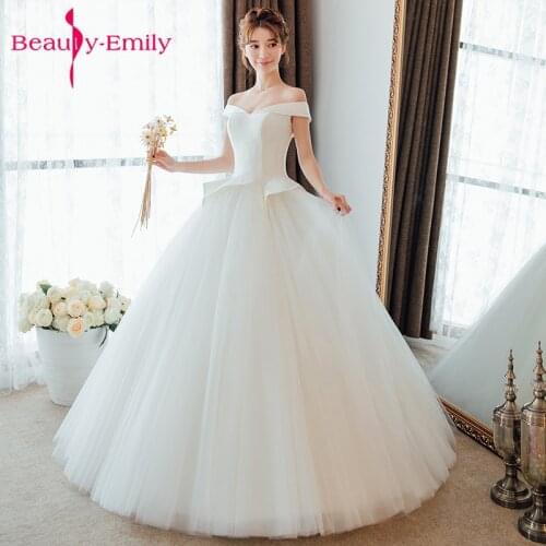 Beauty Emily Sexy Boat Neck Spring Pure White Wedding Dresses Floor length Wedding Party Bridal Gowns lace-up Vestidos de festa