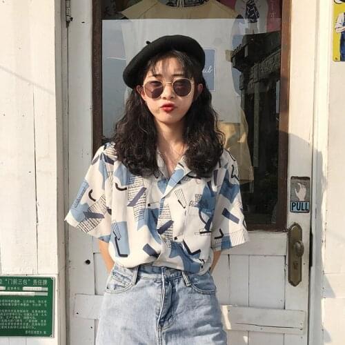 2021 New Summer Harajuku Style Printed Hawaiian Shirt Fashion Trend Blue Shirt for Woman Button Up Shirt Leisure Shirt