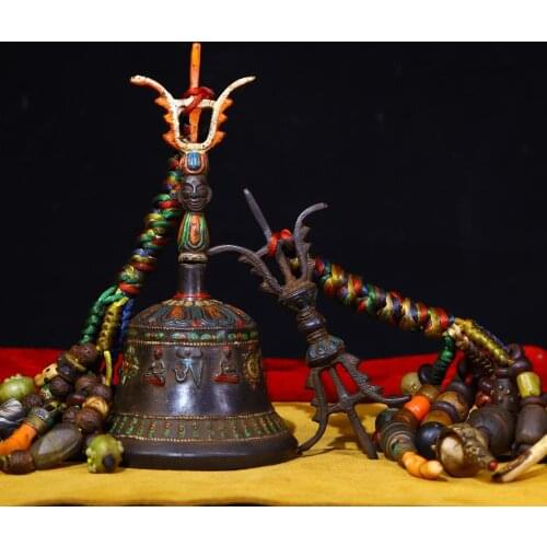 8"Tibet Buddhism Temple Old Bronze Shakyamuni Buddha Statue Fa Ling Bells Tracing Old rattle Vajra set Pendant Gem