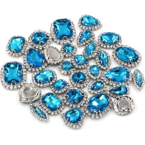 Free shipping silver base crystal buttons sew on Sea blue glass rhinestones with cup chain rim diy clothing