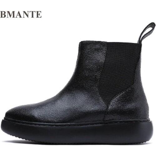 Bmante Genuine Leather Men Ankle Snow Boots Burst crack Increased Thick Bottom Slip-on Male Adult Shoes Trainers High Sneaker