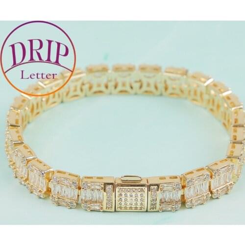 9mm Baguette Zircon Bracelet Link Gold Color Chain For Mens Hip Hop Street Rock Style Jewelry
