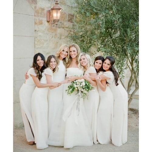 Elegant Mermaid Long Satin Cap Sleeve Bridesmaid Dresses Custom O-Neck Open Back Ivory Formal Wedding Party Dresses