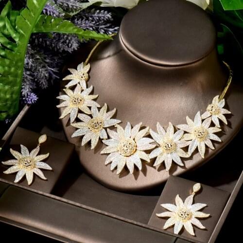 HIBRIDE Luxury Leaves 2pcs Cubic Zirconia Nigerian Necklace Earring Jewelry Sets for Women Wedding Indian Dubai Bridal N-1762