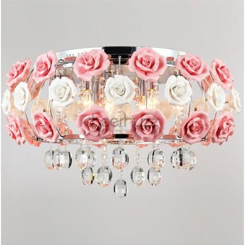 Idyllic Modern Crystal 5 Lights Drum Pink Rose Flower Ceiling Light Fixture Lighting For Bedroom Living Room E12/E14 Bulb PL435