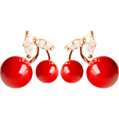 Korean Fashion New Zircon Cherry Rhinestone Earrings Red Imitation Pearl Earrings Womens Jewelry