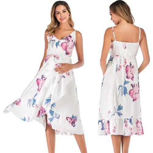Summer Pregnancy Dress Ruffled Hanging Bandwidth Irregular Floral Premama Clothes Loose Maternity Dress V-neck Vestido Elegantes