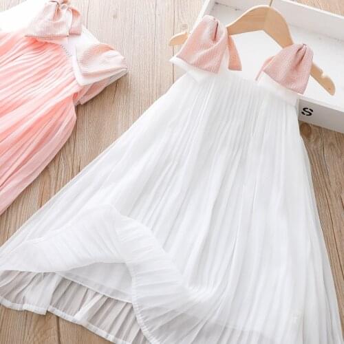 2021 summer girls chiffon pleated dresses vest dress bow strap sleeveless doll shirt childrens clothes