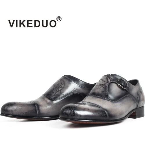 VIKEDUO 2020 Letter Laser Monk Strap Shoes Patina Genuine Leather Mens Shoes Wedding Office Bespoke Formal Dress Zapatos Hombre