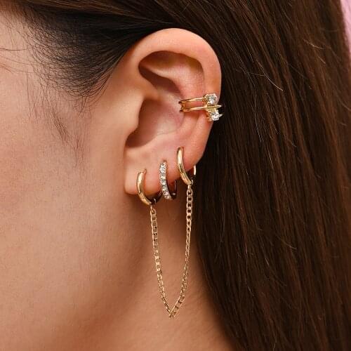 New Trend Double Circle Hoops Tassel Chain Tiny Huggies for Women CZ Crystal Ear Cuff Cartilage Earrings Set Female Brincos