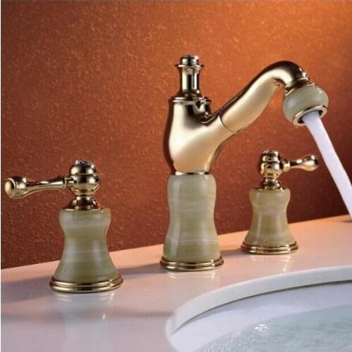 New arrival high quality gold brass & Jade water tap luxury 8 " widespread bathroom sink faucet pull out basin faucet,tap mixer