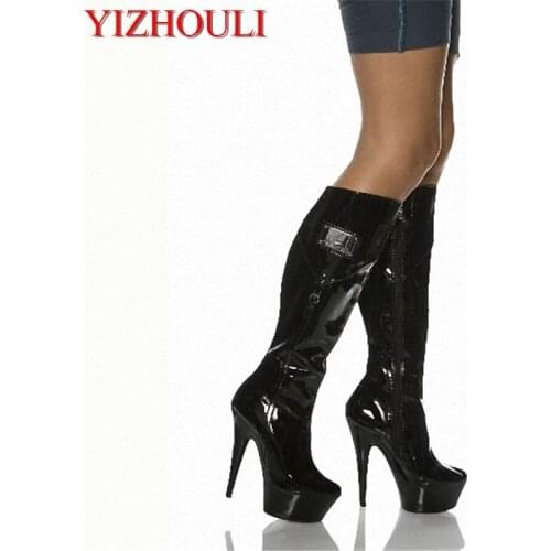 15cm classics ladies black PU leather sexy knee high boots winter 6 inch platform high heel boots for women Fetish Dance Shoes