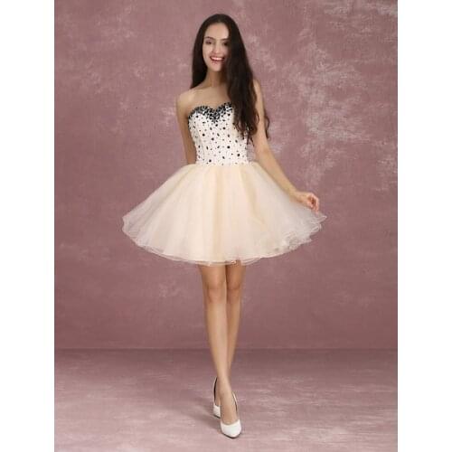 Champagne Homecoming Dresses Mini Sweetheart Strapless Short Prom Dress Tulle Beading Boned Party Dresses