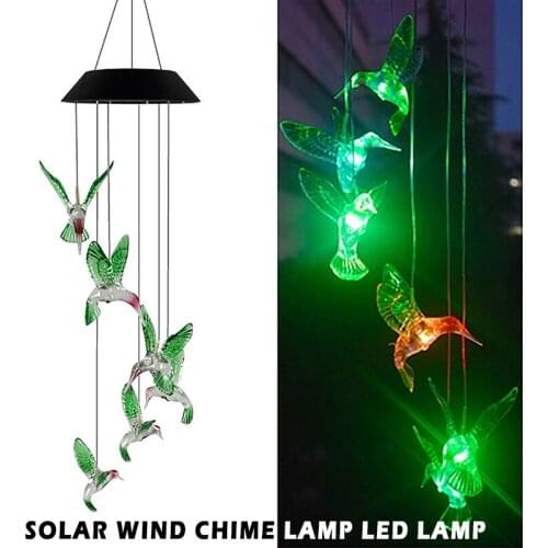 Solar Powered Hanging Decor Lamp Hummingbird Wind Chime Light Color Changing LED Bulb Automatic Sensor Outdoor Lighting