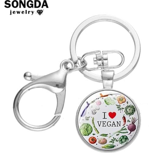 SONGDA Unique Creative Vegetable Green Food Promotion Keychain I Love Vegan Letter Printed Glass Dome Key Chain Handbag Key Ring