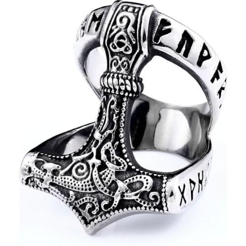 Thor Hammer Ornament Mammen Viking Ring Futhark Runes Mjolnir Scandinavian Norse Crest ring for women men R00053