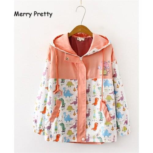 XUANHAO Women Cartoon Dinosaur Funny Jackets 2020 Winter Long Sleeve Hooded Patchwork Pockets Basic Jackets Outerwear Coats