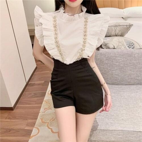 New Summer Women 2 Piece Sets Flying Sleeve Ruffled Beads Doll Shirt+High Waist Shorts Sets Elegant 2pc Outfits Matching Suits