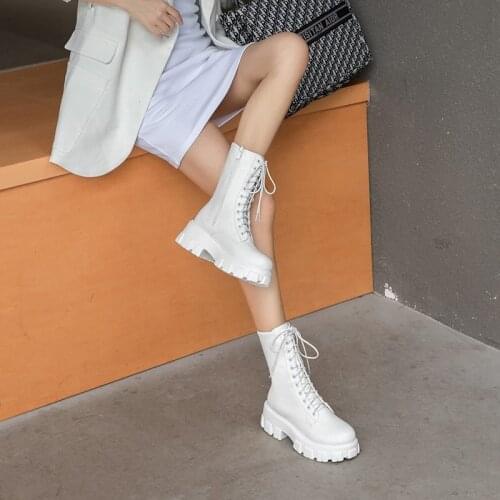 Women Motorcycle Boots Wedges Flat Shoes Woman High Heel Platform PU Leather Boots Lace Up Women Shoes Black thigh high boots