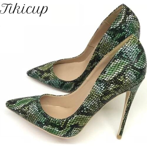 Tikicup Green Python Pattern Embossed Women Sexy Stilettos High Heels Designer Chic Pumps for Elegant Ladies Slip On Dress Shoes
