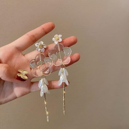 New Korean 2021 Transparent Flower Tassel Rhinestone Sweet Dangle Earrings For Women Fashion Jewelry Summer Earings Pendientes