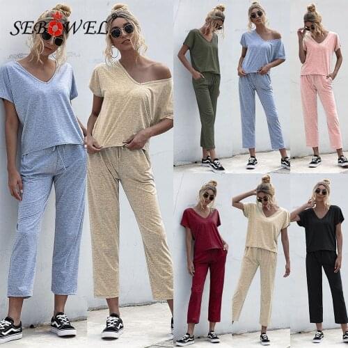 SEBOWEL Summer Woman Casual V-neck Top T-Shirt + Long Pants Two Pieces Tracksuit Sets Female Short Sleeve Trousers Outfits S-XL