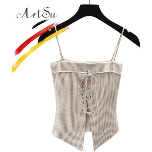 ArtSu Korean Bustier Crop Top Summer Women Tank Top Short Vest Sexy Camis Slash Neck Lace Up Plaid Camisole Knitted Clubwear