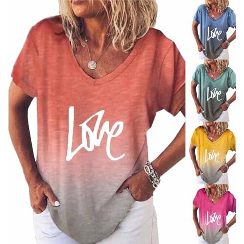 SAGACE Womens top casual fashion short sleeve V-neck gradient letter positioning printed T-shirt футболка женский 2021