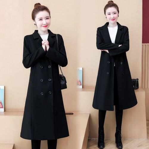 Korean Black Woolen Coat Women 2020 Autumn Winter Plus Size Double Breasted Loose Thicken Solid Mid-Length Outerwear Female 4XL