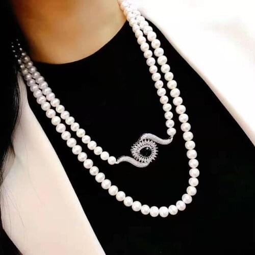Womens jewelry 8-9mm 110cm micro inlaid zircon eye accessories white freshwater pearl necklace long sweater chain