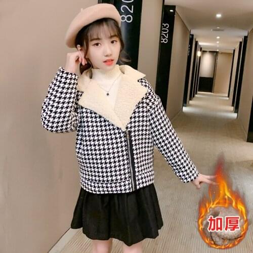 Baby Girls' winter coatHoundstooth lamb woolen coat 4-15 years Childrens autumn and winter warm coat kids winter jacket