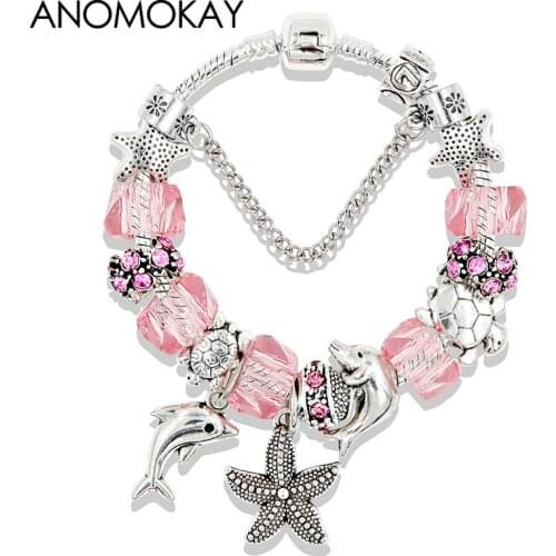 2019 Trendy Pink Glass Charm Bracelet Summer Holiday Diy Ocean Animal Bead Bracelet Silver Color Starfish Bracelet Bangle Gift