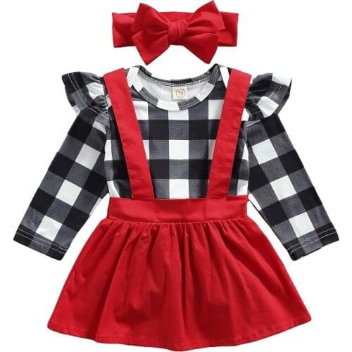 0-24M Cute Newborn Baby Girl Long Sleeve Plaid Bodysuit Tops Suspender Skirt Headband 3PCS Baby Clothing Set