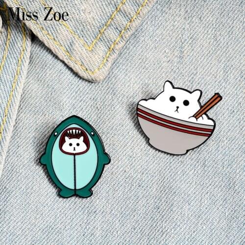 Shark Cat Bowl Enamel Pin Custom Fat Kitten Brooches Badges Bag Shirt Lapel Pin Buckle Cute Animal Jewelry Gift for Kids Friend
