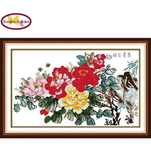 GG Fortune Comes with Blooming Peony Chinese Flowers Needlework Cross Stitch Kits for Embroidery Home Decor Cross-stitch Set