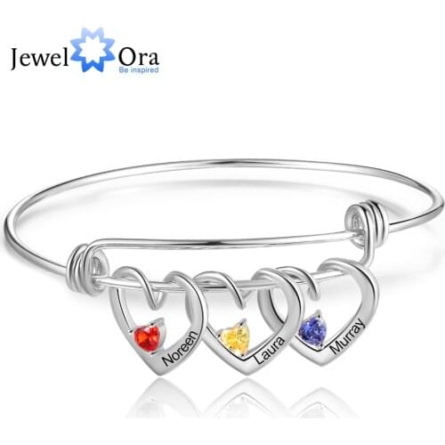 JewelOra Personalized Heart Charm Bracelet with Birthstone Customized Engraving Name Bracelets & Bangles Christmas Gift for Mom
