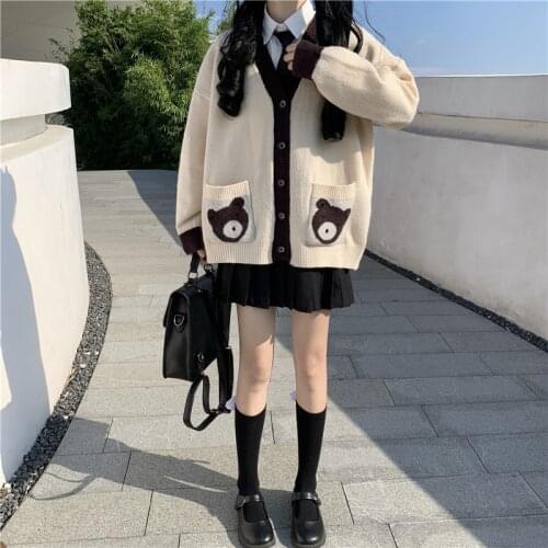 Kawaii Women Sweater Y2k 2021 Japanese Jk School Uniform Sweet Preppy style Cute Bear Cartoon Print Knitting Cardigan Sweaters