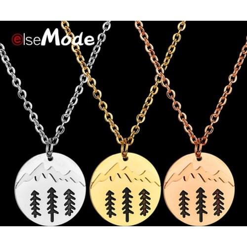 ELSEMODE Simple Circle Round Snowy Mountain Top Three Tree Necklace Nature Stainless Steel Link Chain Necklaces Outdoor Jewelry